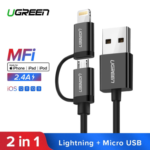 Ugreen USB Cable For iPhone XS X 8 7 6 Charging Charger 2 in 1 Micro USB Cable For Android USB Type c Type-c Mobile Phone Cables